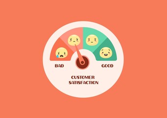 User satisfaction meter. Relationship dial with arrow emoji customer feedback with emotion rating happy green smiling and upset red crying productive emoji opinion research and vector mood swings.