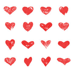 Red heart hand drawn icons set isolated on white background. Collection of hand drawn hearts for love symbol, wallpaper and Valentine's day. Creative outline frame. Heart and love vector
