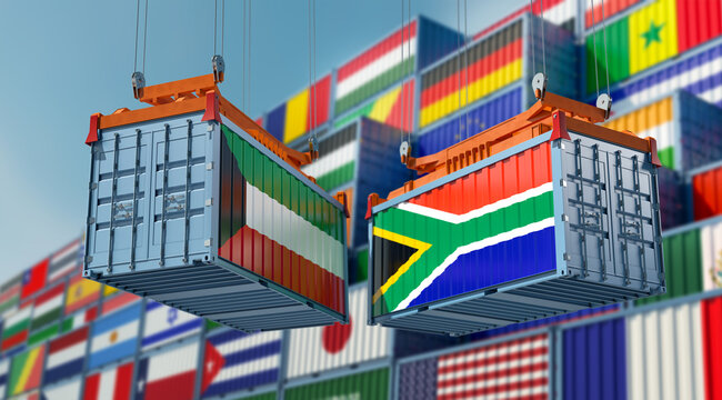 Freight containers on a Terminal with South Africa and Kuwait flag. 3D Rendering 