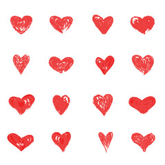 Red heart hand drawn icons set isolated on white background. Collection of hand drawn hearts for love symbol, wallpaper and Valentine's day. Creative outline frame. Heart and love vector