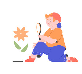 Cute little boy character school age in a cap with a magnifying glass looks at a flower. Lessons in botany and respect for nature. Exploring the world. Vector flat illustration.