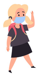 School girl wearing medical mask walking with bag