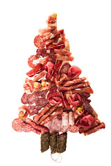 Christmas tree made of sausage on a background of a wooden wall