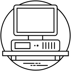 
A personal computer with horizontal central processing unit on a desk, denotation for computer icon 
