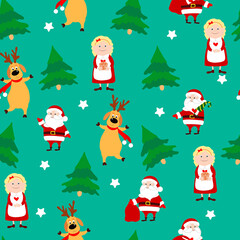 Very positive Christmas seamless pattern on a green background. Santa Claus, Mrs Santa Claus, deer and many trees. Vector cheerful illustration in cartoon style.