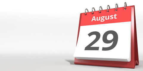 August 29 date on the flip calendar page, 3d rendering