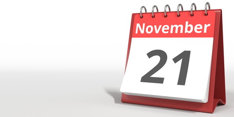 November 21 date on the flip calendar page, 3d rendering