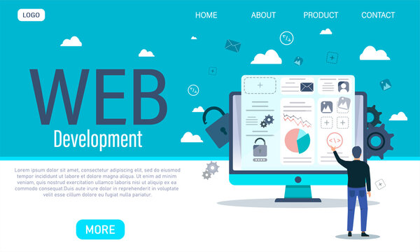 Web pages creation concept. Tiny web designer or developer creates a web page on a giant computer screen. Flat cartoon vector illustration. Web page or landing page template.