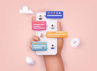 Hands holding phone with review rating. Reviews stars with good and bad rate and text. © Olesia_g