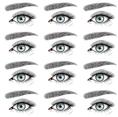 Vector seamless pattern of gray female eye with eyelashes and eyebrow. Natural set