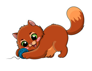 Playful little cartoon kitten with big green eyes playing with a ball of wool or twine with a gleeful smile and tail up isolated on white, colored cartoon vector illustration