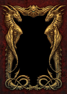 Fantasy golden dragon frame background - digital illustration