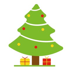 Christmas vector illustration of tree with red and yellow presents. Christmas icon tree in flat design. 