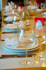 Table set for wedding or another catered event dinner.