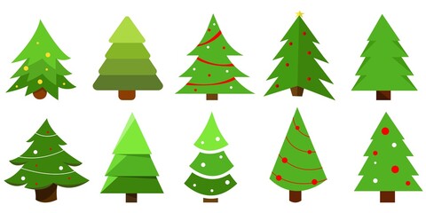 Christmas tree in different styles. Vector set of stylized illustration for holiday xmas and new year.Tree icon in flat design. Xmas cartoon background. Set merry spruce firs isolated on white. 