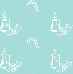 Fototapeta na wymiar Seamless vector christmas pattern with candles, candy cane, mistletoe on mint color background. Christmas food