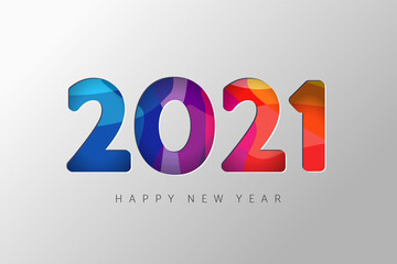 2021 New Year banner. Paper cut numbers with 3d bright colors wavy shapes. Minimal cover design. Template for Christmas flyers, greeting cards, brochures. Vector Xmas illustration