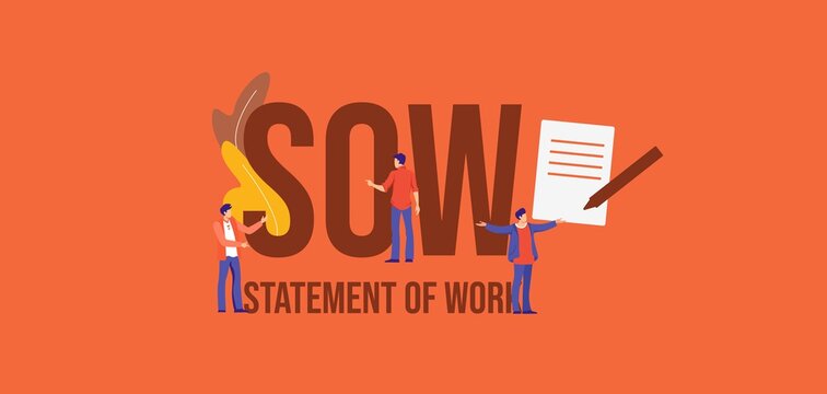 SOW Statement of work. Promotional communication media marketing technologies informational online reference for advertising and user support vector web video and email messages.