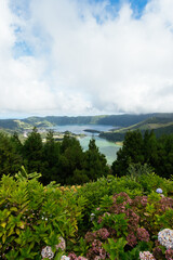Fototapeta na wymiar View of a lake from the mountain. Sao Miguel, Azores.