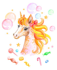 Watercolor cute unicorn portrait with soap bubbles
