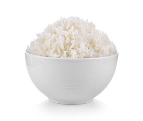 Rice in white cup on white background