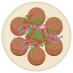
Round food in a plate with some green and red garnishing making icon for kabab

