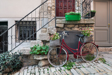 Fototapeta na wymiar .Bicycle on the street of Rovinj, Croatia.