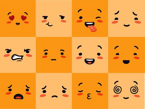 Emogi face square. Emotional characters experience yellow joyful hearts with love eyes astonished sobbing distraught pensive with poker face vector communication and entertainment in social networks.
