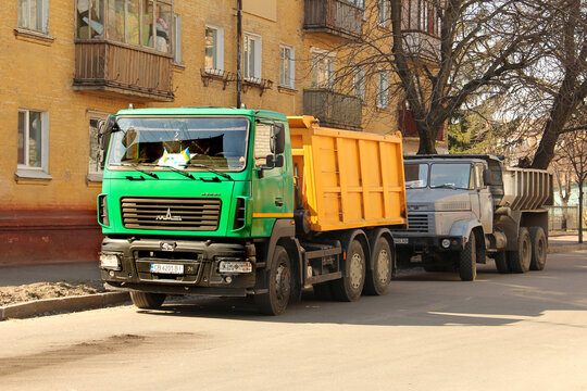 Chernihiv, Ukraine - March 31, 2020: Trucks parked in the city