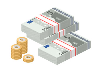 Isometric stacks of 5 euro banknotes. Pile paper money and coins. Five bills. European currency notes. Vector illustration.