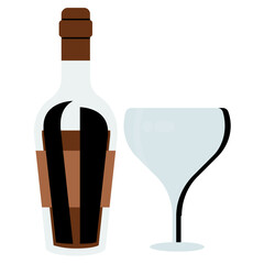 
A bottle filled with dark hard liquid and cocktail glass aside, icon for wine 
