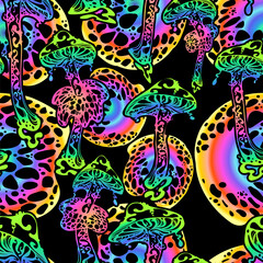 Psychedelic magic glowing mushrooms. Seamless pattern - goa trance music, hanging out, shindig, going out, the gang, rave, get together, culture. Hippie. Hashish 60s