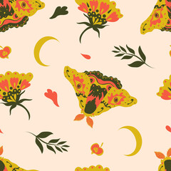 Cute autumnal pattern in natural warm colors with moth, flowers, twigs and moons
