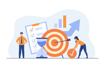 Tiny people developing self control system isolated flat vector illustration. Metaphor of target and goal achievement for productive work. Time management and development concept