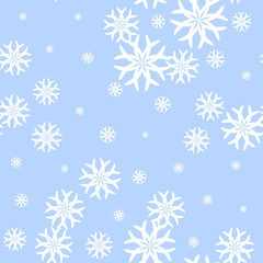Seamless vector 10 eps snowflakes pattern. Chaotic snowflake elements blue background. For design, fabric, textile, web, wrapping.