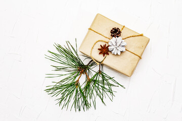 New Year or Christmas gifts with pine branches and cones as Zero waste concept