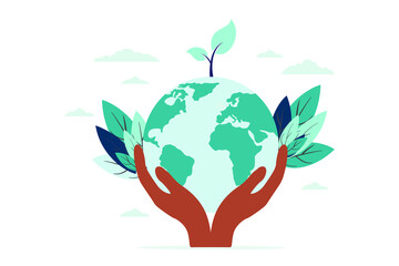 vector illustration, hands close the planet from pollution, save the planet, a small process of a plant, save energy, Earth Day concept - vector