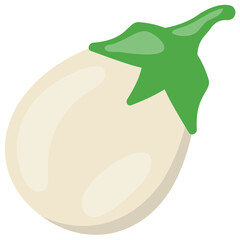 
An eggplant in white color with green leaves on top 

