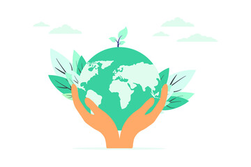 vector illustration, hands close the planet from pollution, save the planet, a small process of a plant, save energy, Earth Day concept - vector