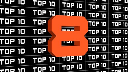 Abstract graphic 3D illustration - digits of the top 10 in changing colors - single shown number 8 - repeated TOP 10 lettering in white color arranged on black background