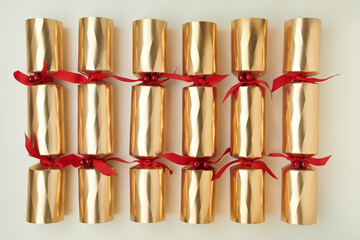 flat lay with golden Victorian Christmas crackers
