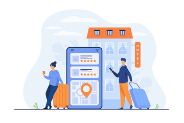 Happy tourists choosing hotel and booking room online flat vector illustration. People doing search or making choice of hostel and apartments via internet. Trip, vacation and accommodation concept - obrazy, fototapety, plakaty