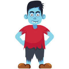 
A  blue faced halloween character grumpy standing in red shirt
