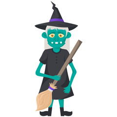 Obraz premium Cute costume for girls on halloween with witch hat and broom, this is witch with broom icon 