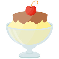 
Vanilla ice cream with chocolate topping having strawberry on top symbolizing vanilla sundae ice cream 

