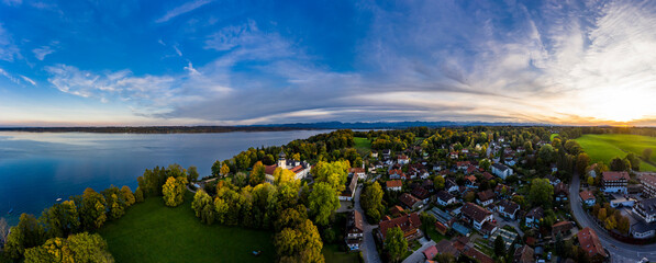 Obraz premium Aerial view, Bernried Abbey, Lake Starnberg, Pfaffenwinkel, Upper Bavaria, Bavaria, Germany