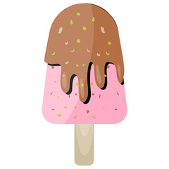 
Deep chocolate dipped ice cream stick with toppings of nuts, chocolate fudge ice cream 
