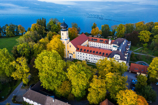 Aerial view, Bernried Abbey, Lake Starnberg, Pfaffenwinkel, Upper Bavaria, Bavaria, Germany