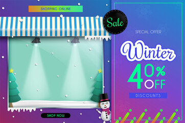 Winter Sale of posters or flyers design.and Shop front.and there is a glass cabinet for displaying products. and use it as a festival background or online shopping invitation.
