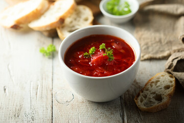 Traditional homemade beetroot soup with fresh parsley